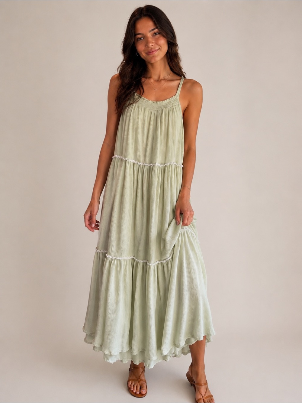 Light Sage Tiered Maxi Dress viscose blend